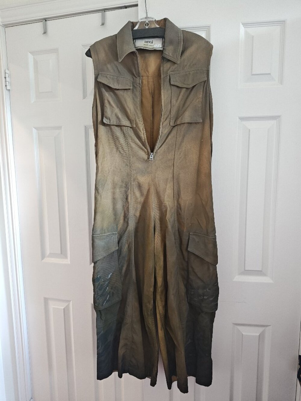 Custom painted Ami Paris (Alexandre Mattiussi) denim wide-leg cargo jumpsuit